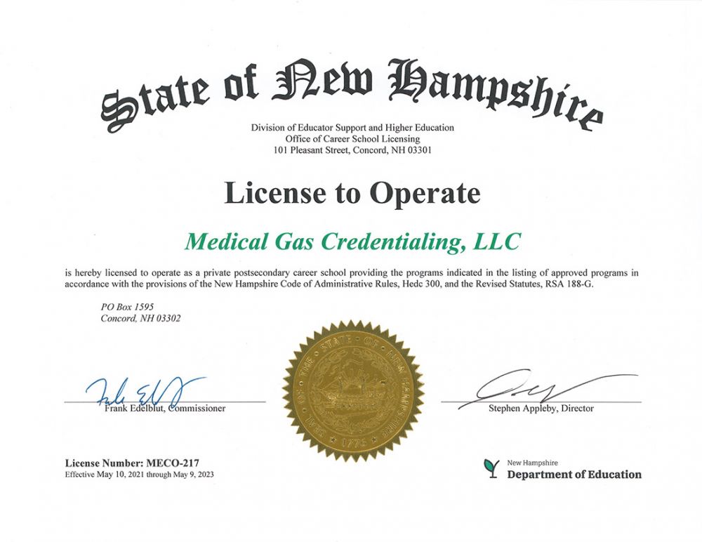 Medical Gas Credentialing NH License to Operate